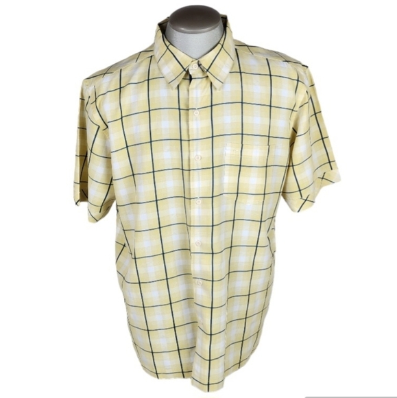 Quicksilver Plaid Button Front Shirt Short  Sleeve Yellow Navy White Size XL - Picture 1 of 16
